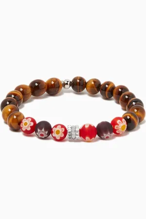 Tateossian Medium Millefiori Maxi Beaded Tiger Eye Bracelet in Stainless Steel