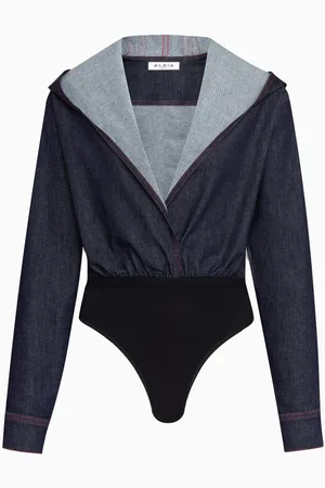 Alaïa Hooded Shirt Bodysuit in Stretch Raw Denim