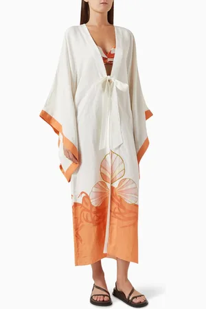 Adriana Degreas Seashell Long Robe in Viscose-linen Blend