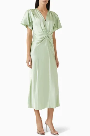 Victoria Beckham Gathered V-neck Midi Dress in Wool Blend
