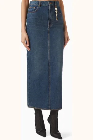 AREA Heart-charm Midi Skirt in Denim