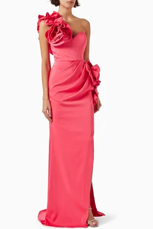 JOVANI Floral One-shoulder Maxi Dress in Crepe