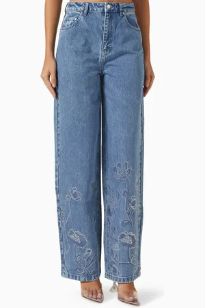ROTATE Rhinestone-embellished Wide-leg Jeans in Denim