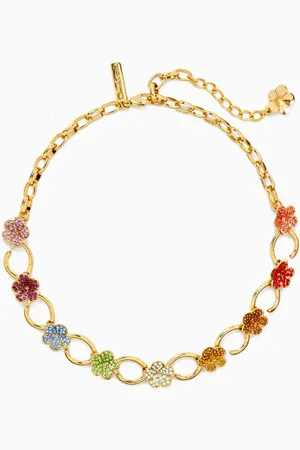 Oscar de la Renta Crystal Flowers Chain Necklace in Gold-tone Brass
