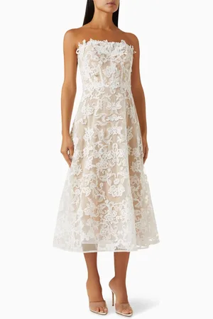 Marchesa Notte Flower Appliqué Midi Dress in Corded Lace