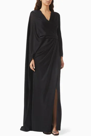 GEMY MAALOUF Cape-sleeve Maxi Dress in Shiny Jersey