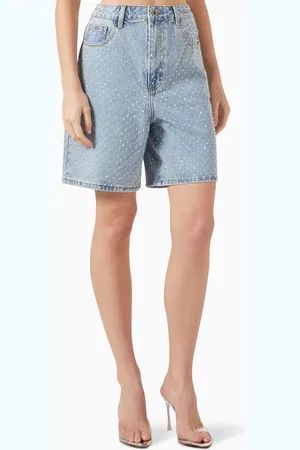 Self-Portrait Rhinestone Shorts in Denim