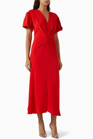 Victoria Beckham Gathered V-neck Midi Dress in Viscose Blend