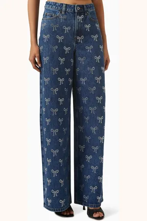 Self-Portrait Rhinestone Bow Jeans in Denim