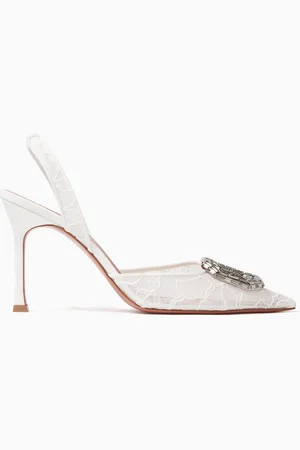 Amina Muaddi Camelia 90 Crystal Slingback Pumps in Lace & Leather