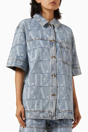 AJE Oversized Nostalgia Logo Shirt in Jacquard Denim