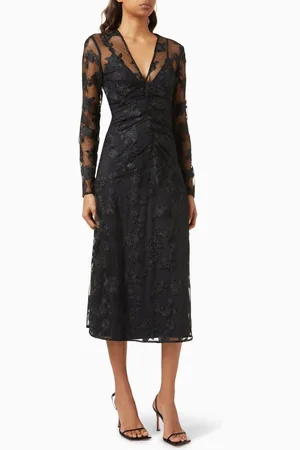 ROTATE V-neck Midi Dress in Embroidered Mesh