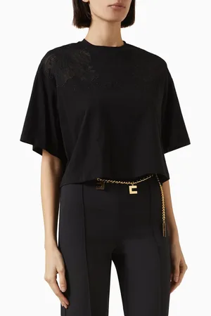 Elisabetta Franchi Floral-embroidered Logo T-shirt in Cotton-blend