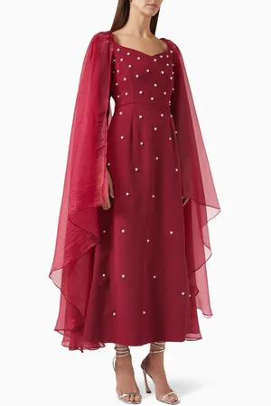 BYK Pearl-embellished Cape-sleeves Maxi Dress