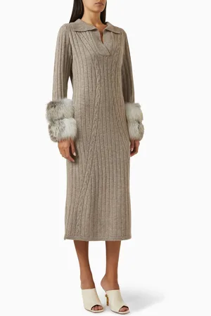 Izaak Azanei Fur-cuffs Ribbed Midi Dress in Cable-knit