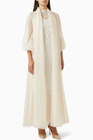 Homa Q Pearl Embellished 3-piece Abaya Set in Organza & Tulle