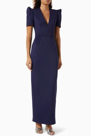 JOVANI Short-sleeved Maxi Dress in Scuba Fabric