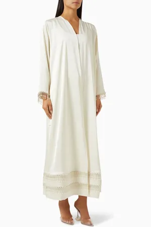 Elna Line Embellished Fringe Abaya in Crepe