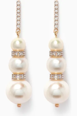 Mateo New York Three Pearl Ball Drop & Diamonds Earrings in 14kt Yellow Gold