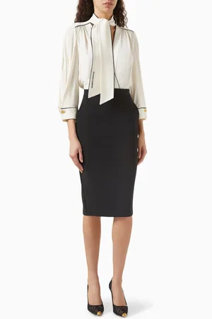Elisabetta Franchi Neck-tie Piping Midi Dress in Georgette & Crepe