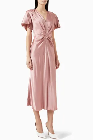 Victoria Beckham Gathered V-neck Midi Dress in Satin