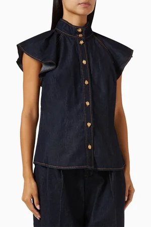 ZIMMERMANN Crush Flutter-sleeve Shirt in Denim