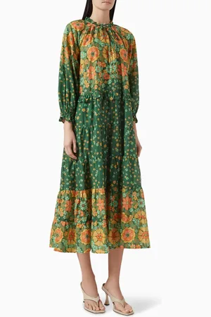 BOHEMIAN TRADERS Poseidon Ruffle Neck Maxi Dress in Cotton Voile