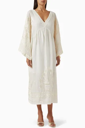 Greek Archaic Kori Embroidered Midi Dress in Linen