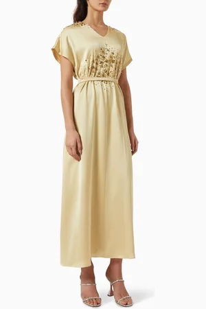 SHATHA ESSA Embellished Tie-up Belted Midi Dress in Satin