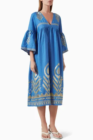 Greek Archaic Kori Embroidered Midi Dress in Linen
