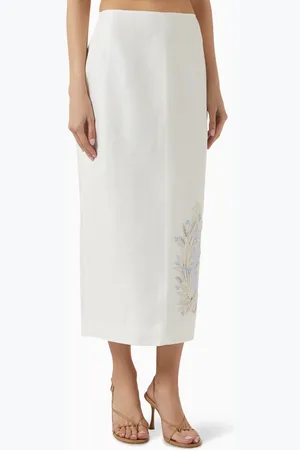 AJE Mirrors Embroidered Midi Skirt in Linen-blend