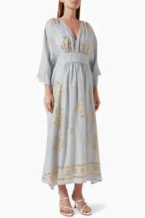 Greek Archaic Kori Embroidered Cinched Kaftan in Ramie