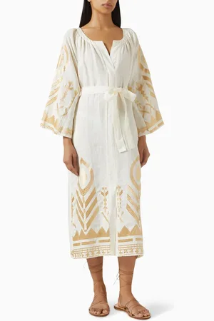 Greek Archaic Kori Embroidered Belted Midi Dress in Linen