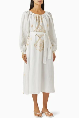 Greek Archaic Kori Belted Midi Dress in Ramie Blend