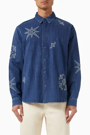 Wax London Trin Geometrical-embroidered Shirt in Denim