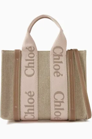 Chloé Small Woody Embroidered Tote Bag in Linen Canvas