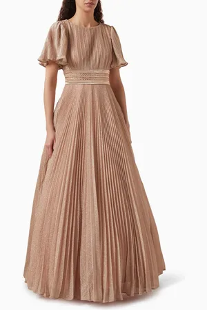 Mac Duggal Pleated Flutter-sleeve Gown in Lurex-georgette