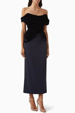 RHEA COSTA Siri Velvet Bodice Midi Dress in Stretch-crepe