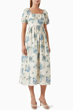 FAITHFULL THE BRAND Dalia Floral-print Midi Dress in Linen