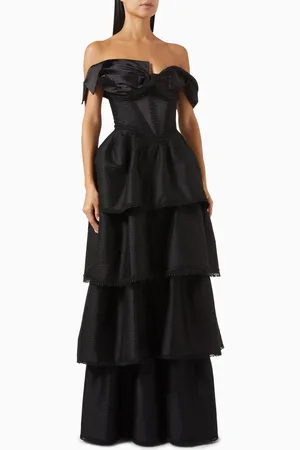 Tuvanam Layered Off-shoulder Gown in Satin & Mesh