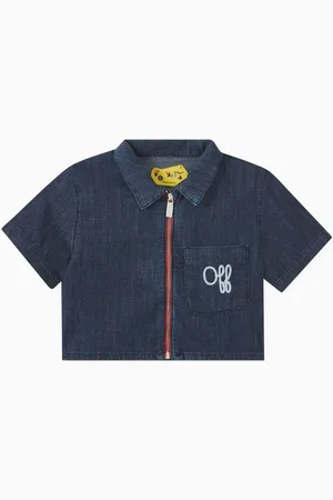 OFF-WHITE Logo Graphic Script Type Cropped Shirt in Denim