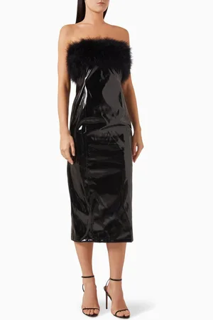 BLUMARINE Fur-trim Midi Dress in Faux Patent Leather