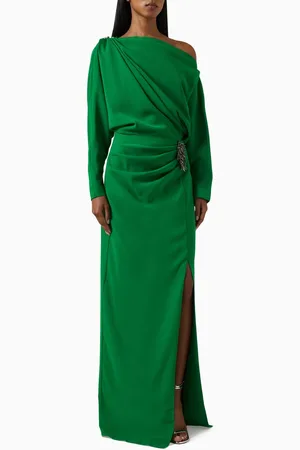 Tuvanam Off-shoulder Slit Gown in Crepe