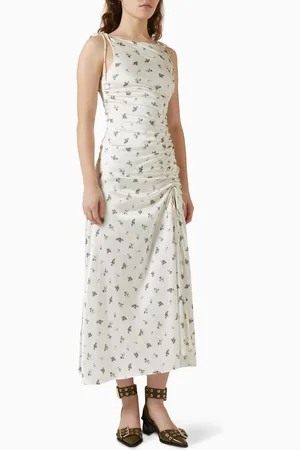 Ganni Printed Gathered Maxi Dress in Satin