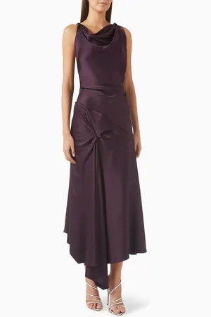 Victoria Beckham Asymmetric Draped Midi Dress in Crepe-satin