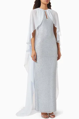 Self-Portrait Rhinestone Cape Gown in Mesh