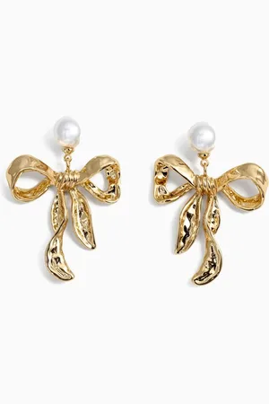 Self-Portrait Bow Drop Earrings in Mottled Gold-plated Brass