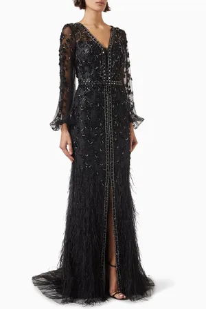 JOVANI Feather & Crystal-embellished Maxi Dress in Tulle