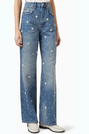 Maje Embroidered Wide-Leg Jeans in Denim