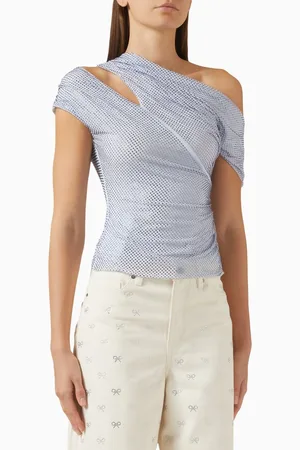 Self-Portrait Asymmetric Rhinestone Top in Mesh
